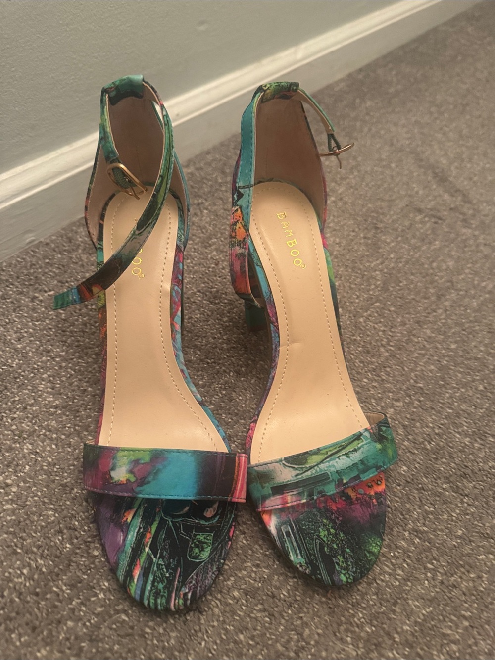 BAMBOO Multicolor Teal-Purple Ankle Strap Heels